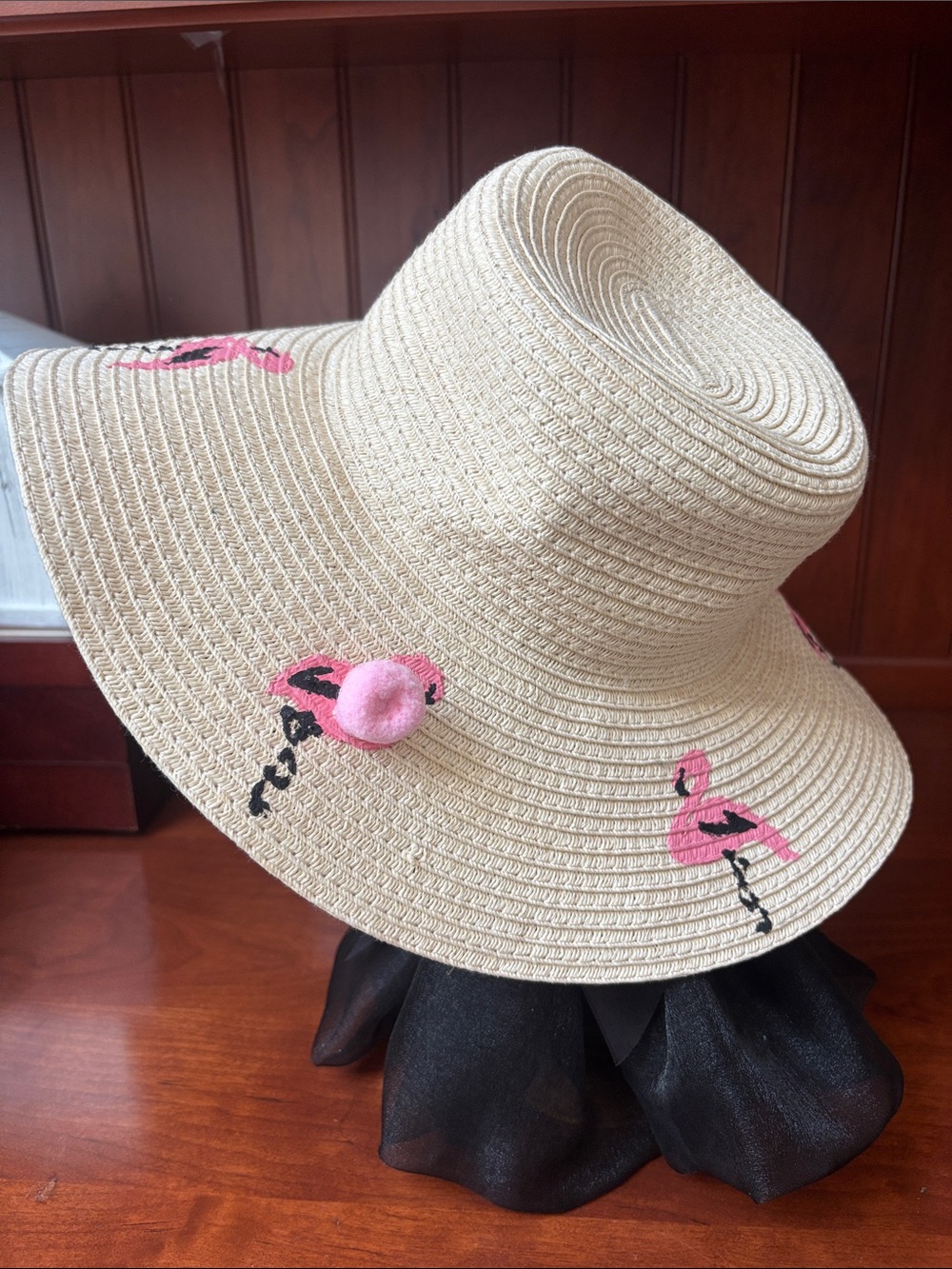 Kids Summer Straw Hat with Pink Flamingo Design